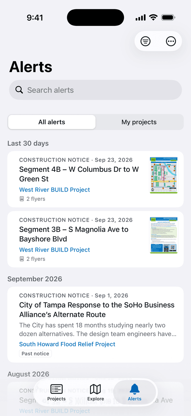 The Tampa CIP app's Alerts tab, listing construction notices from West River BUILD and South Howard Flood Relief